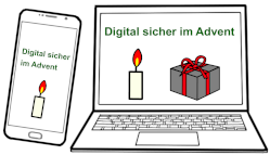 Smartphone und Laptop. Auf dem Bildschirm sind eine Kerze und die Schrift Digital sicher im Advent